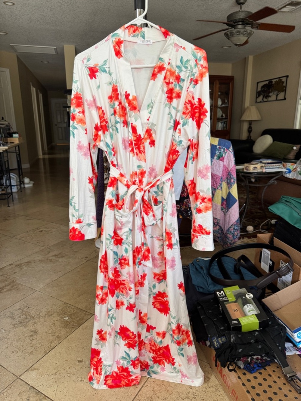 Floral Long Wrap Robe - White with Red Flowers